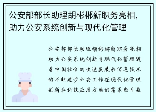 公安部部长助理胡彬郴新职务亮相，助力公安系统创新与现代化管理