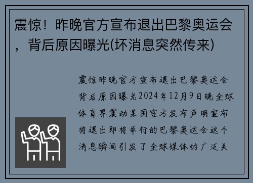 震惊！昨晚官方宣布退出巴黎奥运会，背后原因曝光(坏消息突然传来)